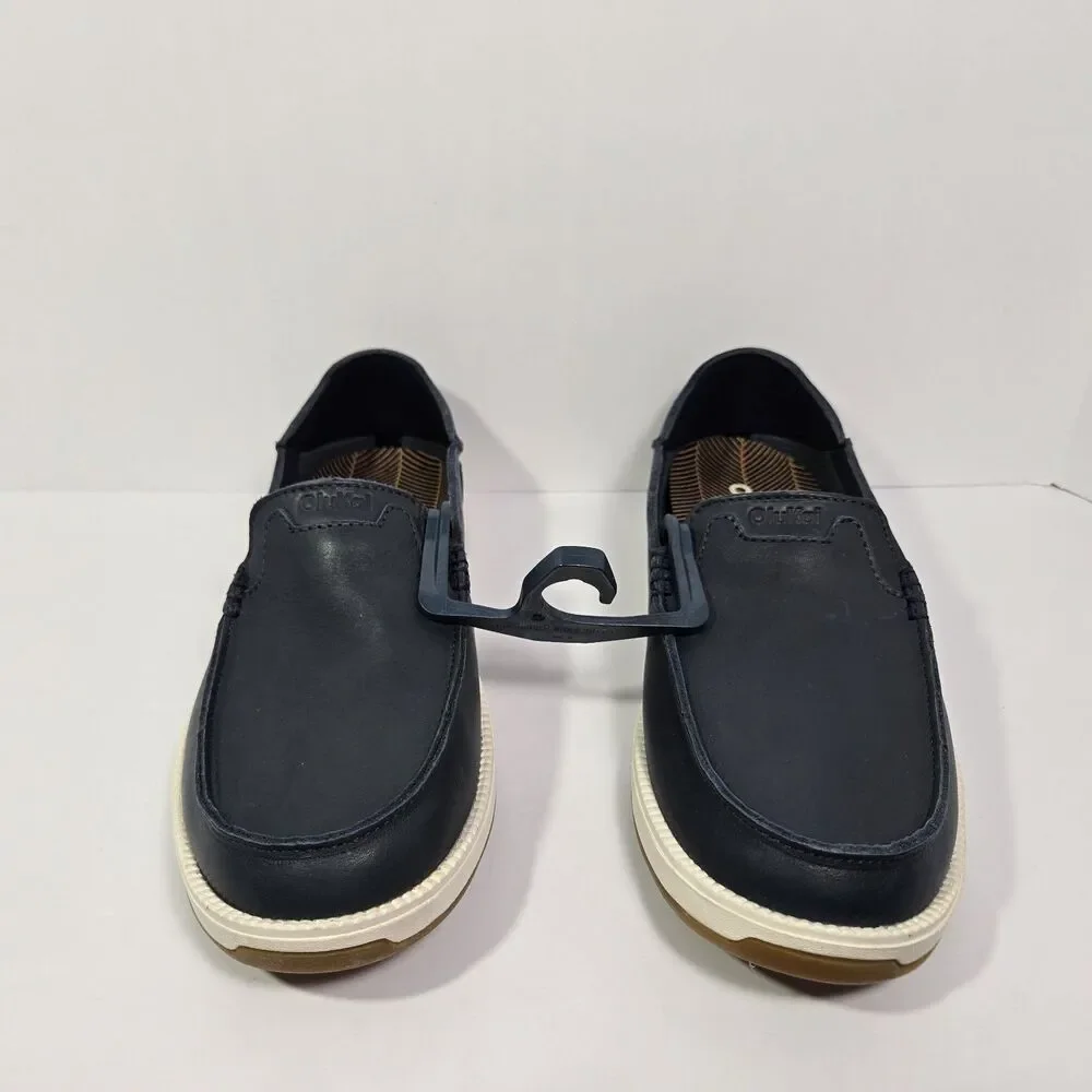 OluKai Kakaha Nia‎ Mens 10 Mood Indigo Blue Leather Slip On Shoes Loafers
